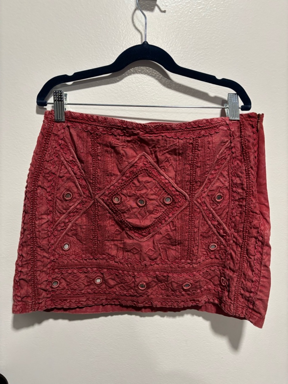 Mango Embroidered Wine Red Mini Skirt
